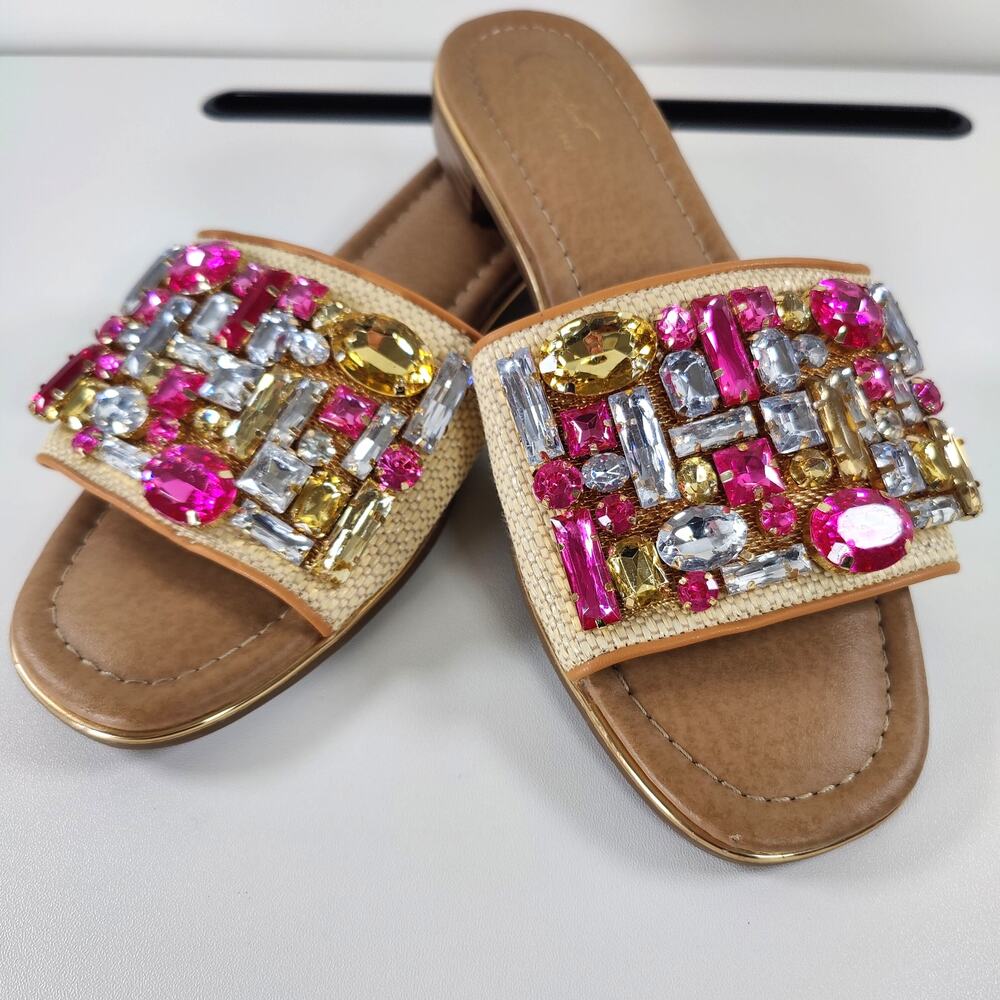 Comfort Est 1946 Jeweled Slide Sandals Pink Gold Raffia Size 8 Resort Vacation